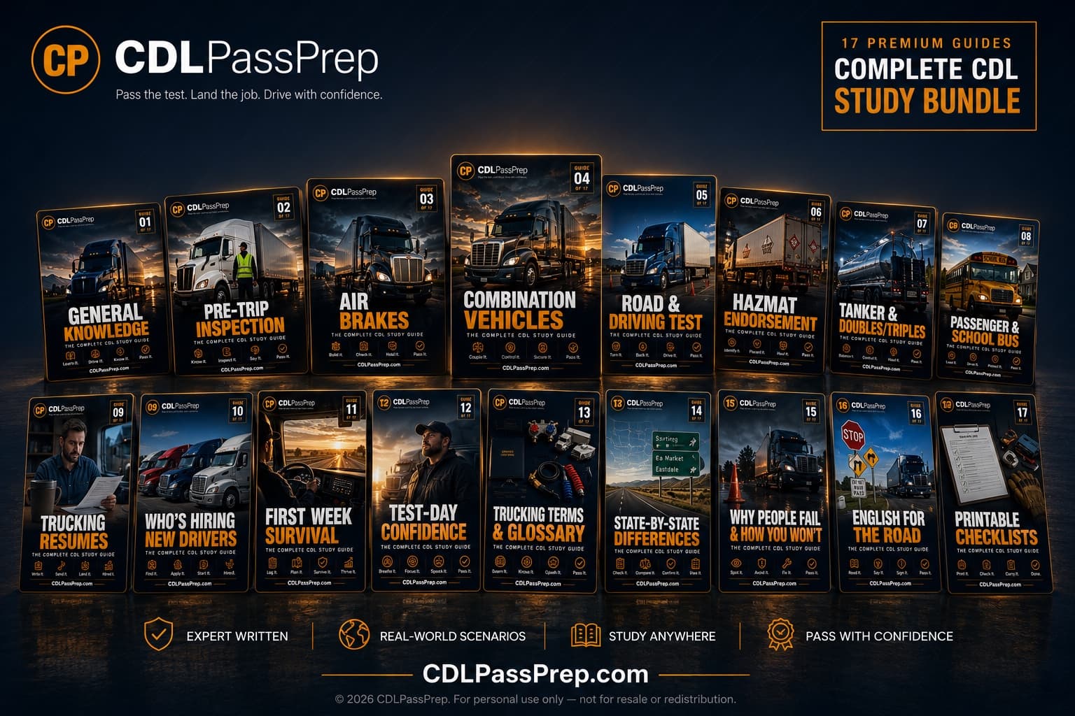 All 17 CDLPassPrep study guide covers fanned out: General Knowledge, Pre-Trip Inspection, Air Brakes, Combination Vehicles, Road & Driving Test, Hazmat, Tanker & Doubles/Triples, Passenger & School Bus, Trucking Resumes, Who's Hiring New Drivers, First Week Survival, Test-Day Confidence, Trucking Terms & Glossary, State-by-State Differences, Why People Fail & How You Won't, English for the Road, and Printable Checklists